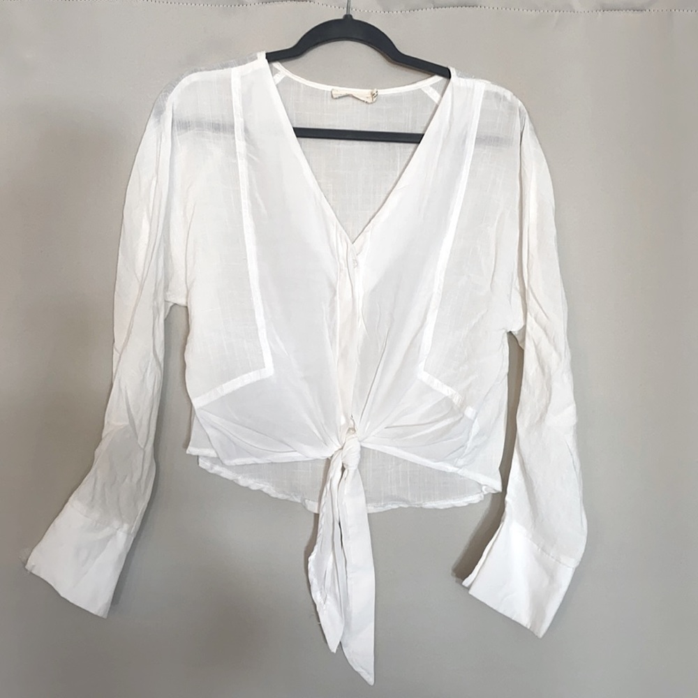 White button down tie blouse